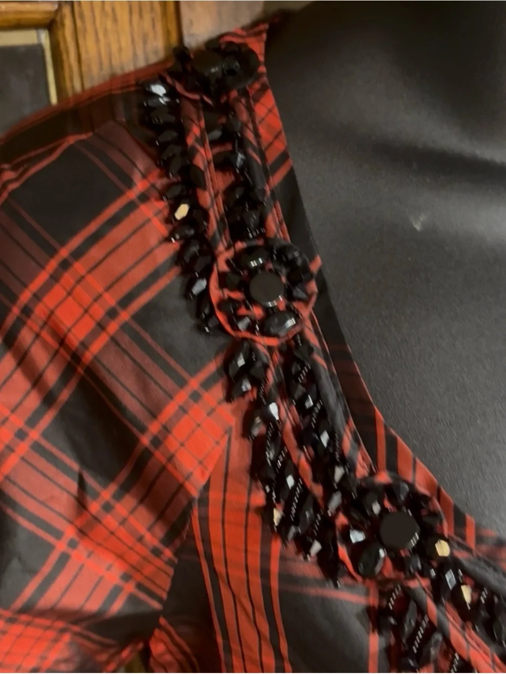 J.Crew Eliza silk red and black tartan plaid blouse built-in black xs 0